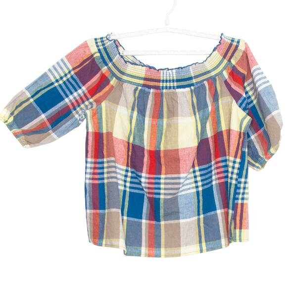 NWOT Lane Bryant Womens Top Off Shoulder Linen Blend Plaid Summer Size 18/20 DW - Picture 1 of 4